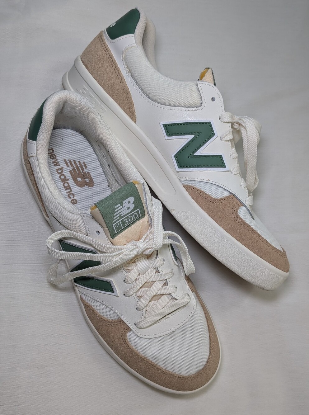 New Balance Men's White & Tan Sneakers with Green Accent